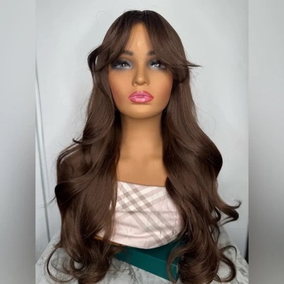 Wavy Long Hair Chestnut Brown long Wig with Side bangs - Natural look - Picture 1 of 8